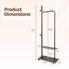 Freestanding clothing rack with wheels, featuring rustic brown shelves, dimensions 69" height, 24" width, for entryway.