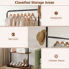 Freestanding clothing rack with wheels, rustic brown, featuring a hanging rod, side hooks, and two wooden shelves for.