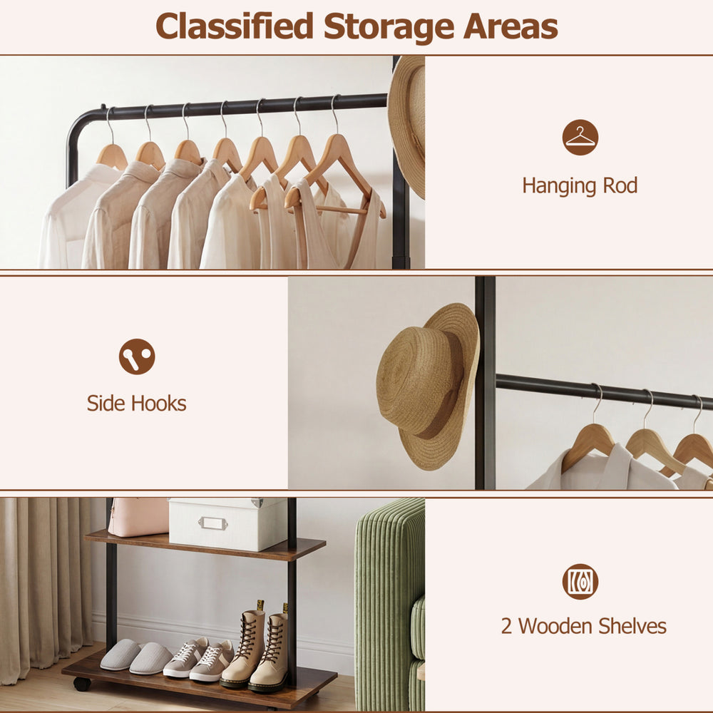 Freestanding clothing rack with wheels, rustic brown, featuring a hanging rod, side hooks, and two wooden shelves for.
