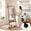 Freestanding clothing rack in rustic brown with wheels, side hooks, and storage shelves for easy organization in any.