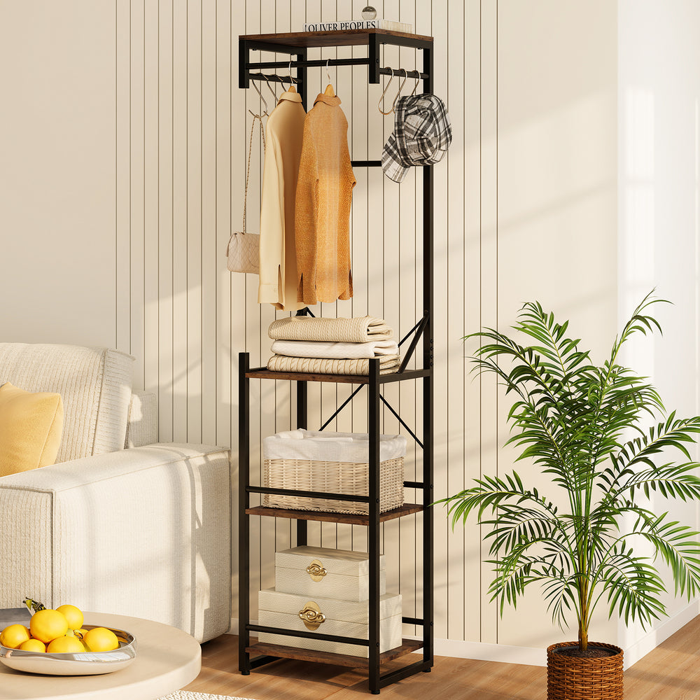 Freestanding coat rack in rustic brown with 4 shelves and 6 hooks, ideal for organizing entryways and bedrooms.