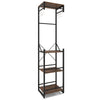 Freestanding coat rack in rustic brown with 4 shelves and 6 hooks, ideal for entryways and tight spaces.