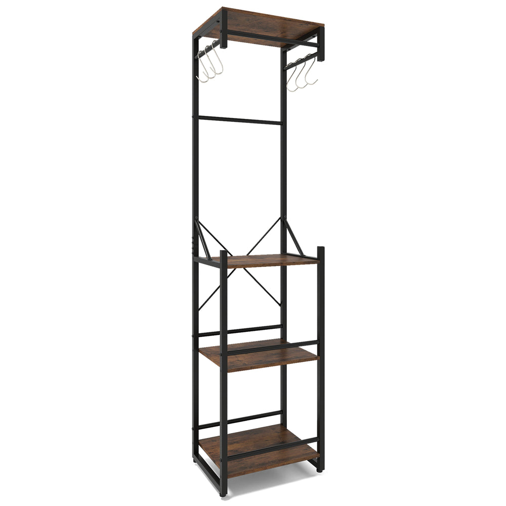 Freestanding coat rack in rustic brown with 4 shelves and 6 hooks, ideal for entryways and tight spaces.