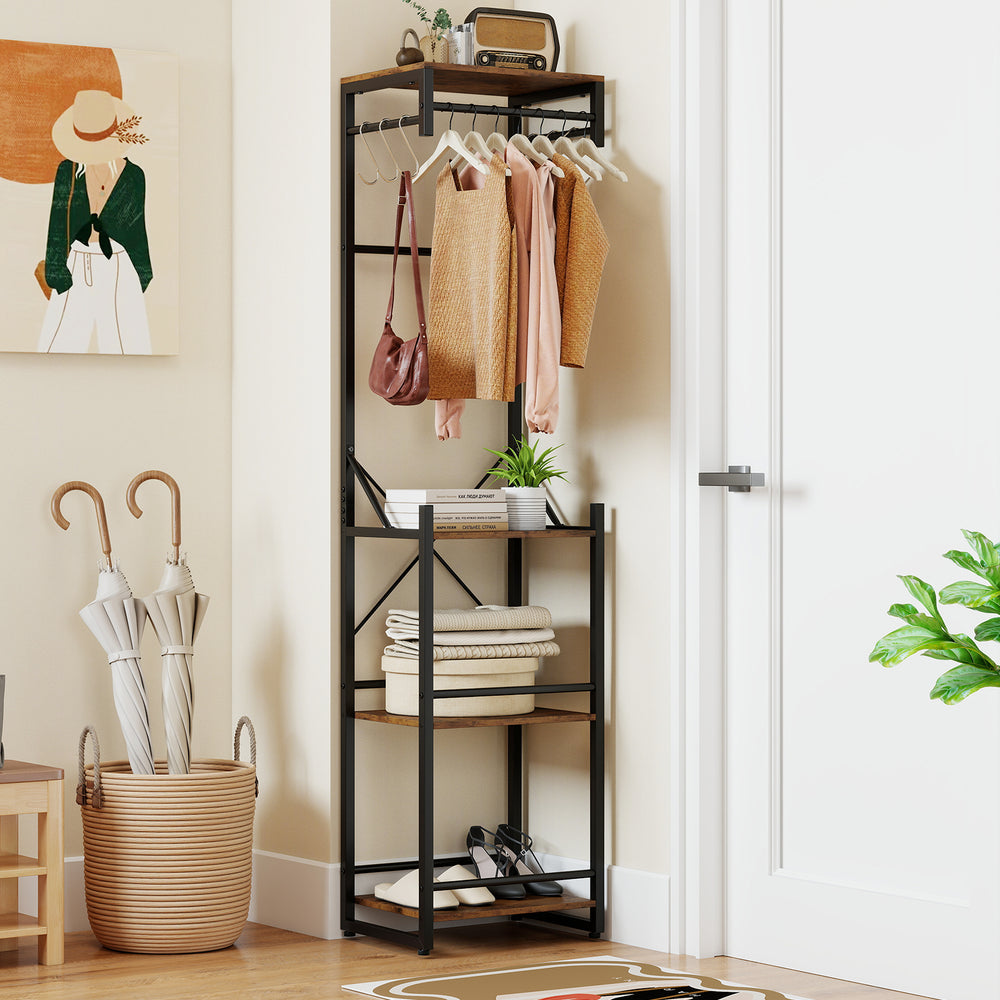 Freestanding coat rack in rustic brown with 4 shelves and 6 hooks, ideal for organizing entryways and small spaces.
