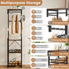 Freestanding coat rack in rustic brown with 3 hanging rods, 6 hooks, and 4 shelves for organized storage in tight.