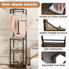 Freestanding coat rack in rustic brown with 4 shelves, 6 hooks, and adjustable footpads for entryway or bedroom storage.