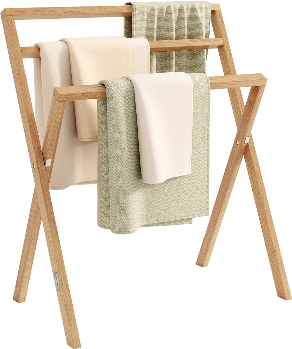 Freestanding Foldable Teak Wood Towel Rack with 3 Hanging Crossbars