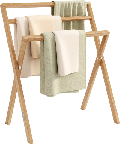 Costway Freestanding Foldable Teak Wood 3-Bar Towel Rack 937468251 New