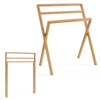 Freestanding foldable teak wood towel rack with 3 hanging crossbars, ideal for bathrooms and laundry rooms.