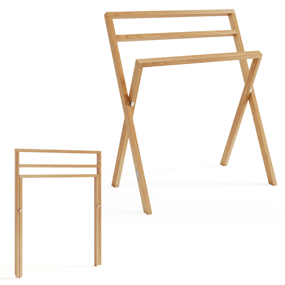 Freestanding foldable teak wood towel rack with 3 hanging crossbars, ideal for bathrooms and laundry rooms.