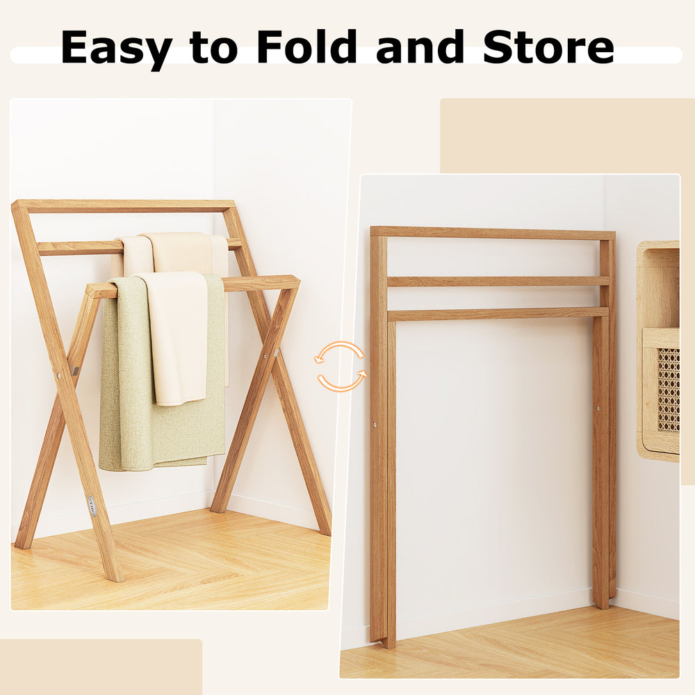 Freestanding foldable teak wood towel rack with 3 hanging crossbars, ideal for effective drying in any room.