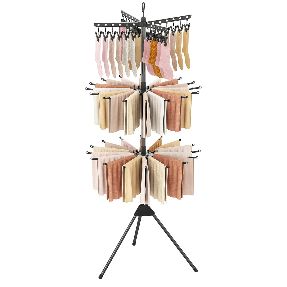 3-tier tripod clothes drying rack with 24 clips, featuring a rotating design for efficient drying in small spaces.