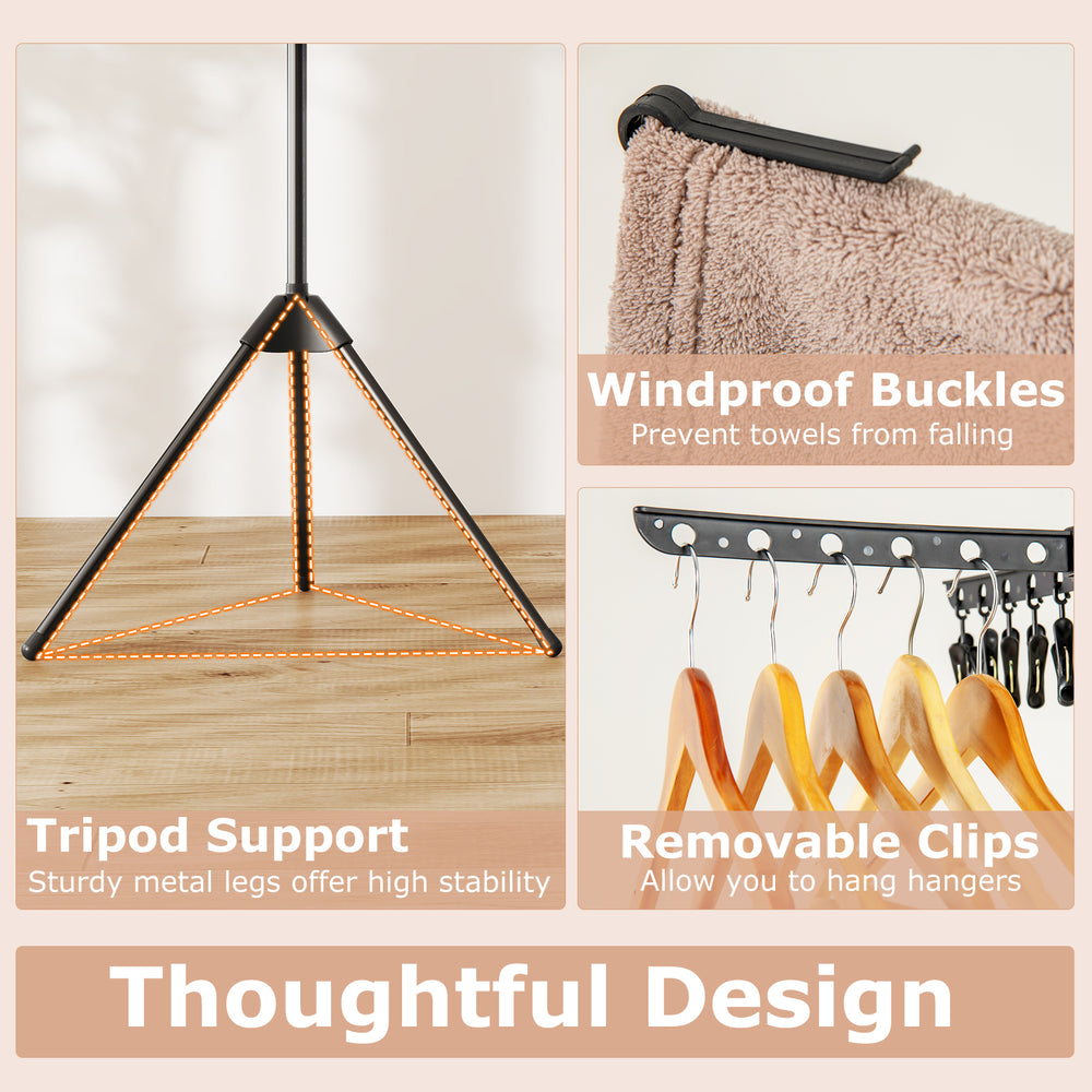 3-tier tripod clothes drying rack with removable clips, windproof buckles, and sturdy metal legs for stability.