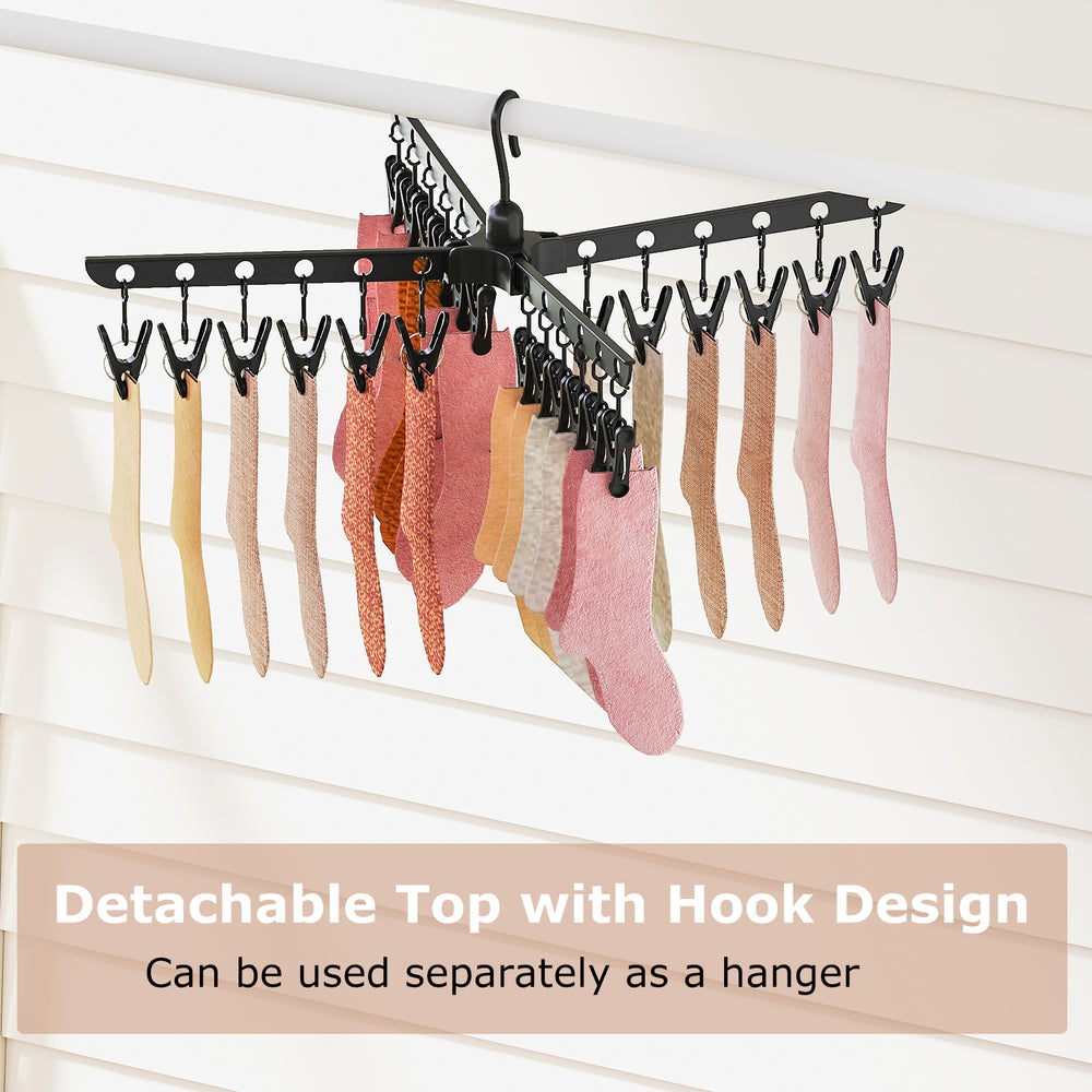 3-tier tripod clothes drying rack with 24 clips, detachable top, and 360° rotating arms for effective drying.