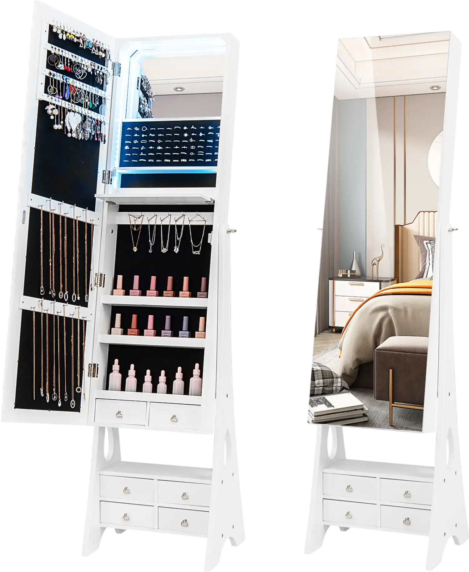 Costway Freestanding Full Length LED Mirrored Jewelry Armoire 6 Drawers 3-Color Lights 46871395 New