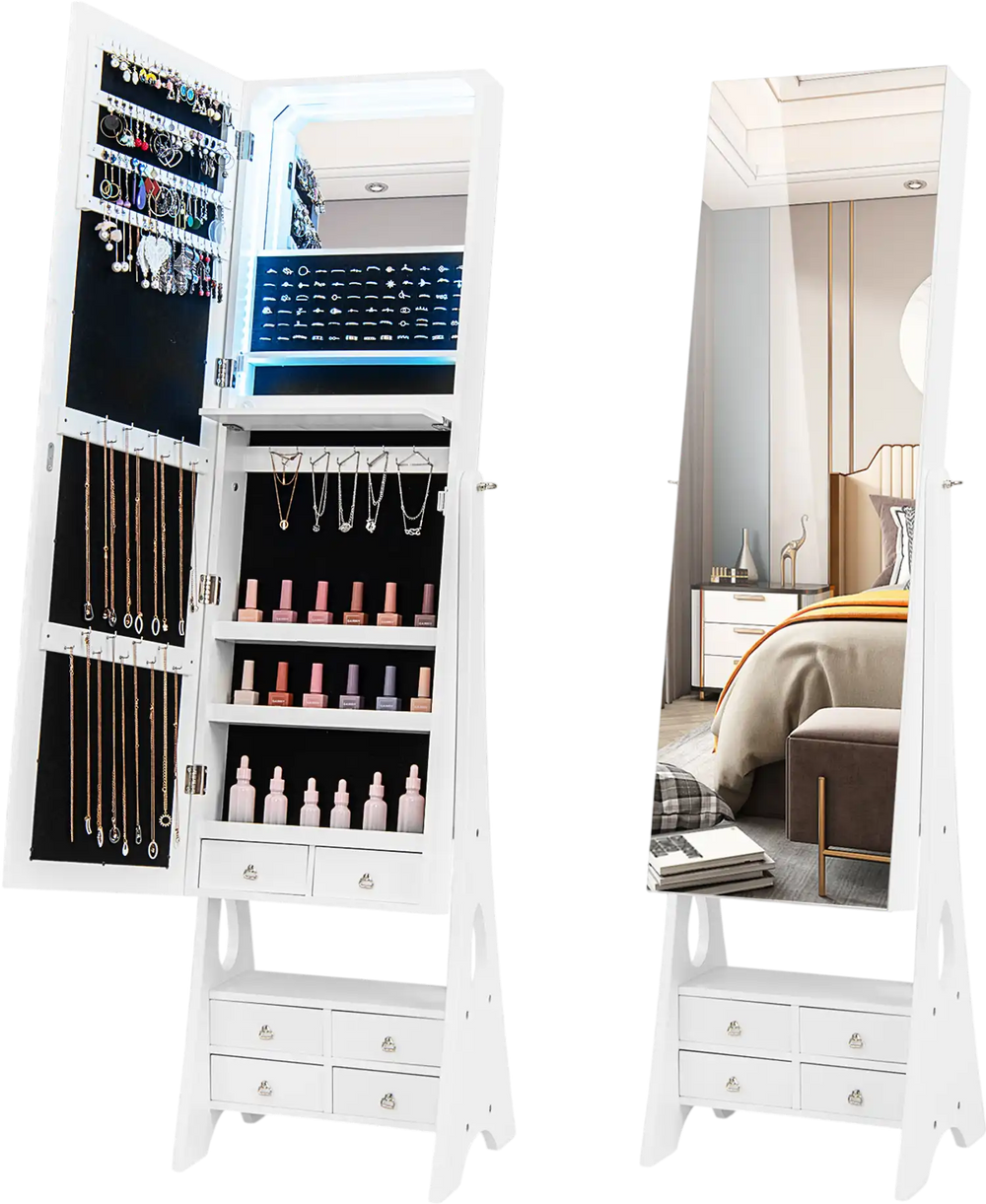 Freestanding white jewelry armoire with full-length LED mirror, 6 drawers, and adjustable angles for convenient storage.