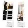 Freestanding white jewelry armoire with full length LED mirror, 6 drawers, and adjustable angles for convenient storage.