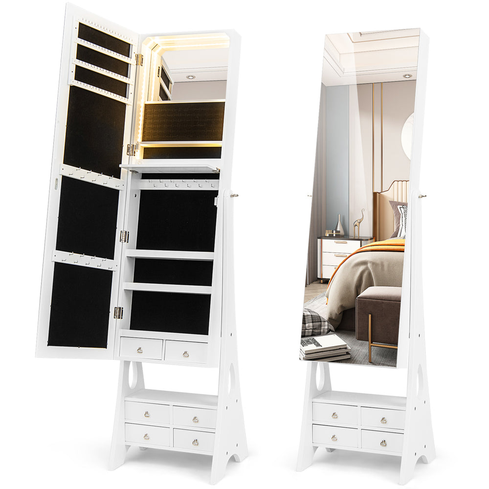 Freestanding white jewelry armoire with full length LED mirror, 6 drawers, and adjustable angles for convenient storage.