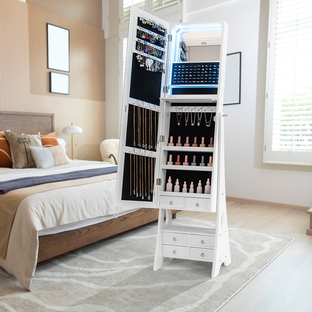 Freestanding Full Length LED Mirrored Jewelry Armoire with 6 Drawers-White - Gallery View 1 of 10