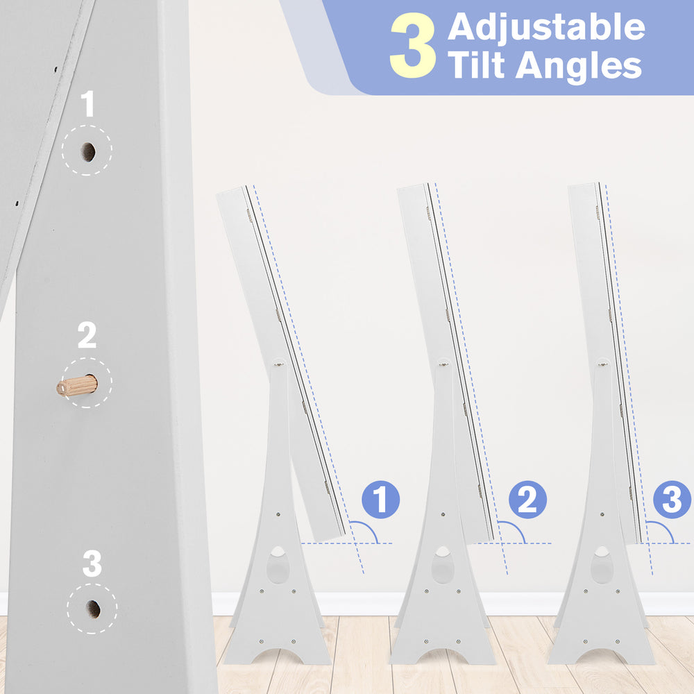 Adjustable tilt angles of the freestanding LED mirrored jewelry armoire in white, showcasing three positions for.