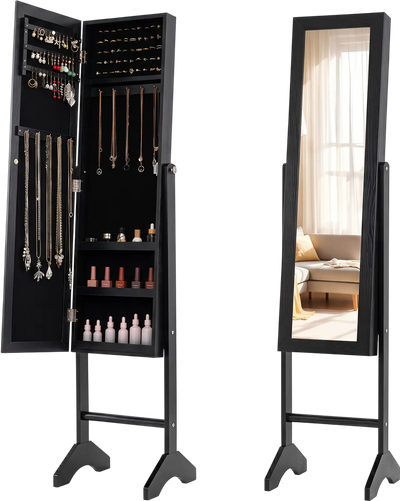 Costway Freestanding Jewelry Armoire Full Length Mirror Velvet Lining 40784998 New