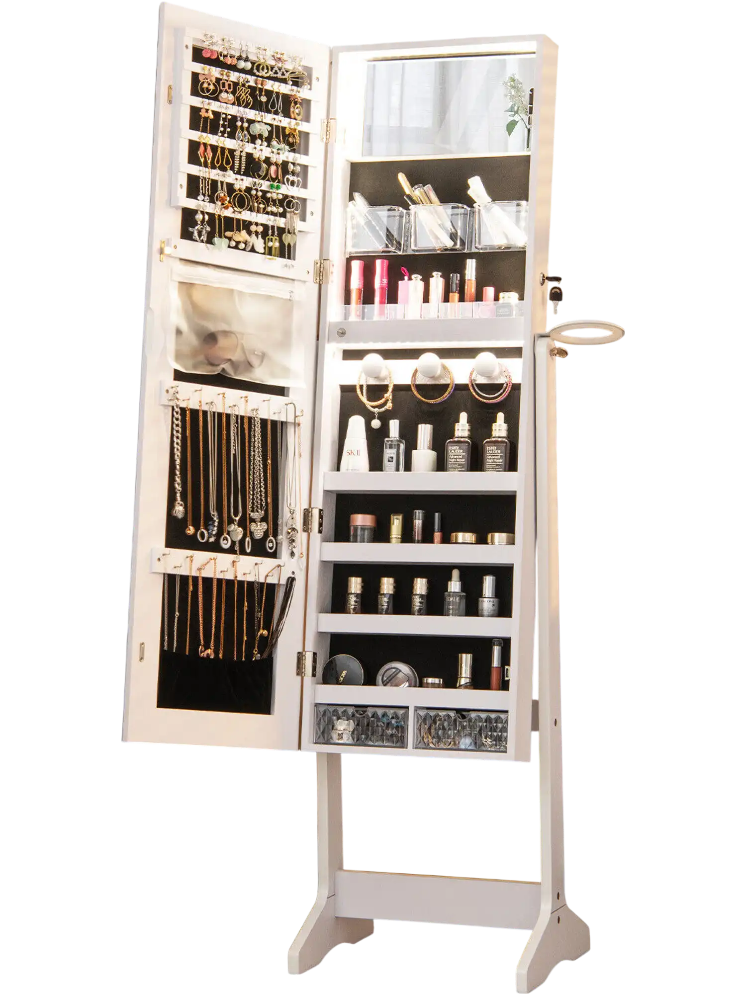Costway Freestanding Jewelry Armoire Cabinet Full Length HD Mirror White 17283694 New