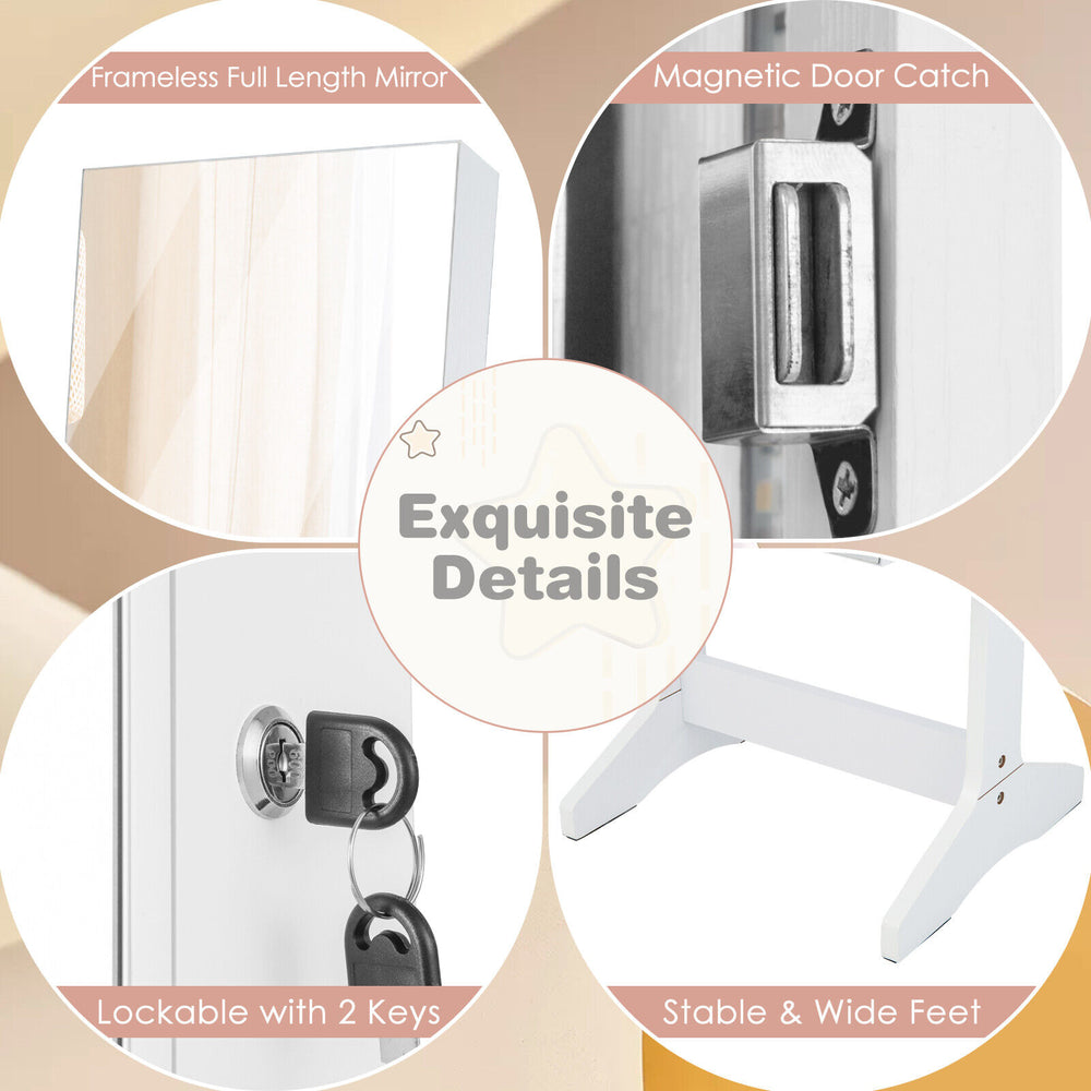 Freestanding jewelry cabinet in white featuring a full-length mirror, lockable door, and stable MDF construction.