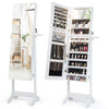 Freestanding jewelry cabinet in white with full-length mirror, ample storage, and adjustable LED lights for convenience.