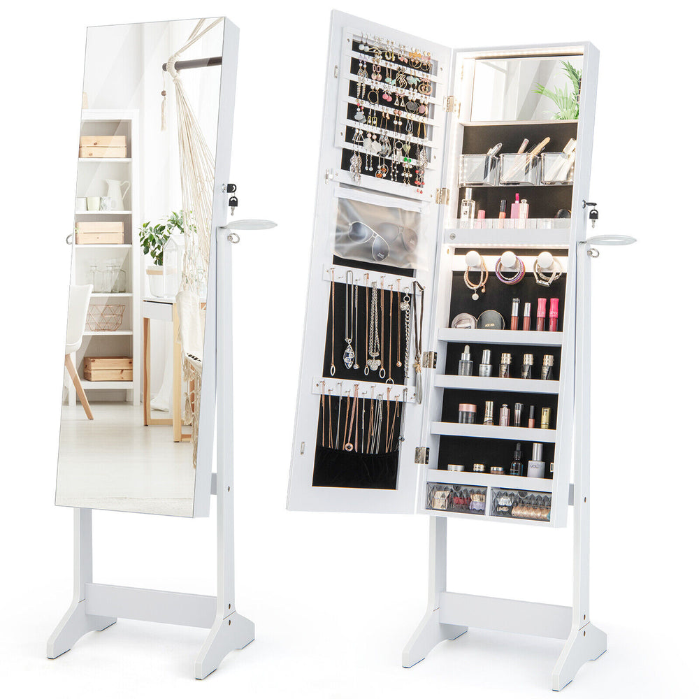 Freestanding jewelry cabinet in white with full-length mirror, ample storage, and adjustable LED lights for convenience.