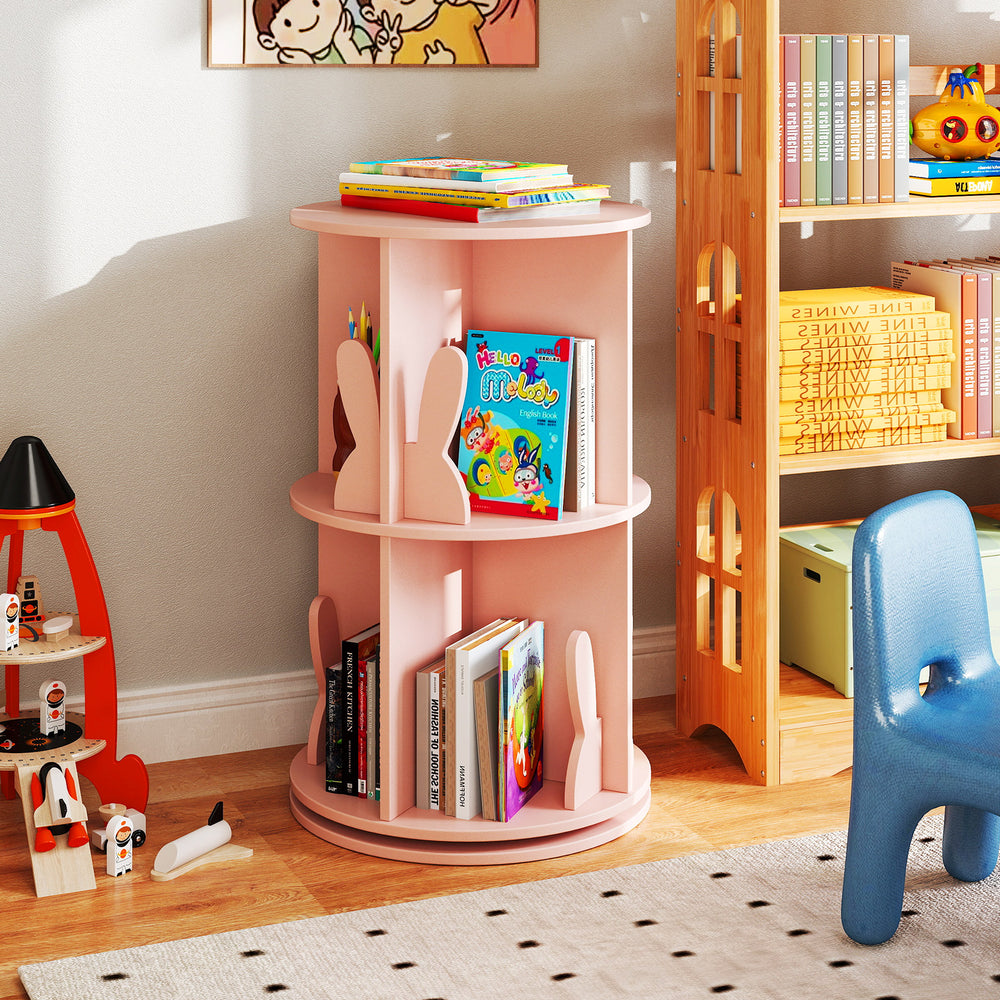 2 Tier Freestanding Kids Rotating Bookshelf Storage Rack with Bunny Baffles-Pink - Gallery View 1 of 10