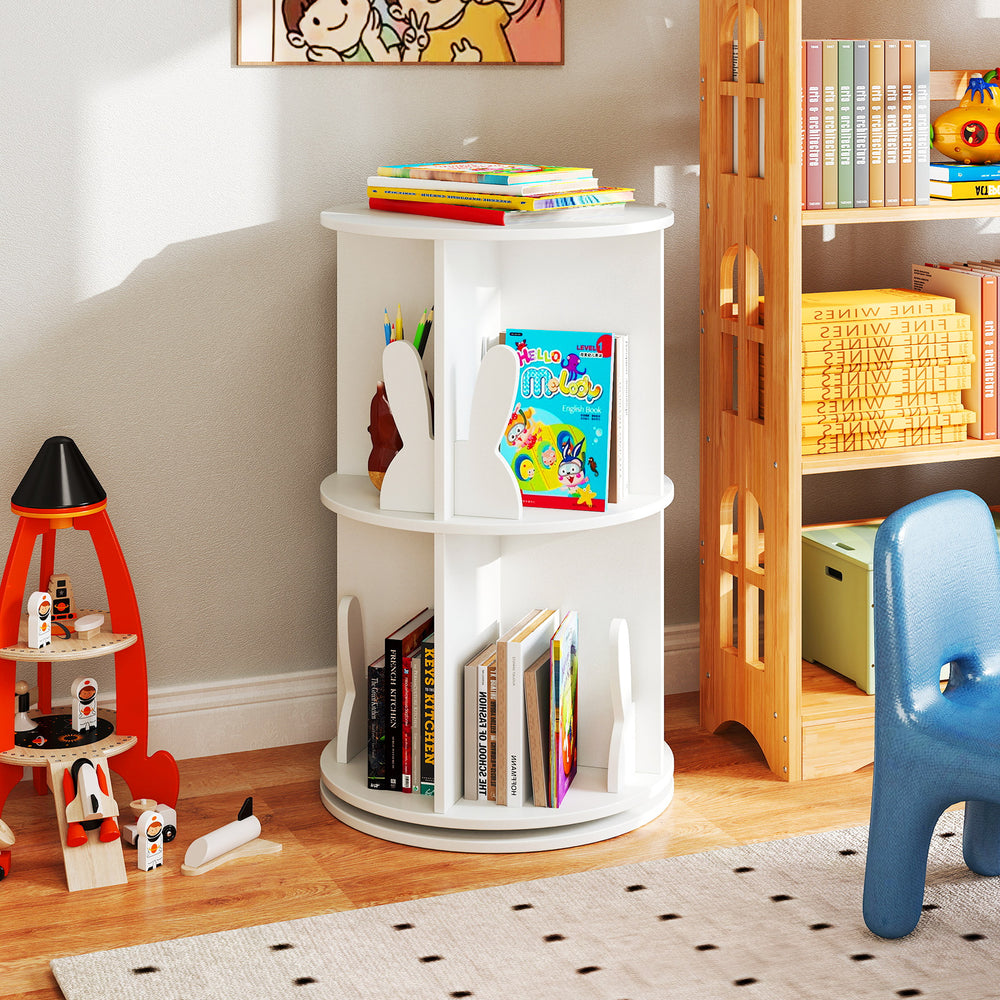 2 Tier Freestanding Kids Rotating Bookshelf Storage Rack with Bunny Baffles-White - Gallery View 1 of 10
