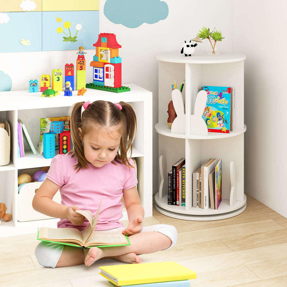 Freestanding 2-tier rotating kids bookshelf in white, featuring bunny baffles and 8 compartments for organized storage.