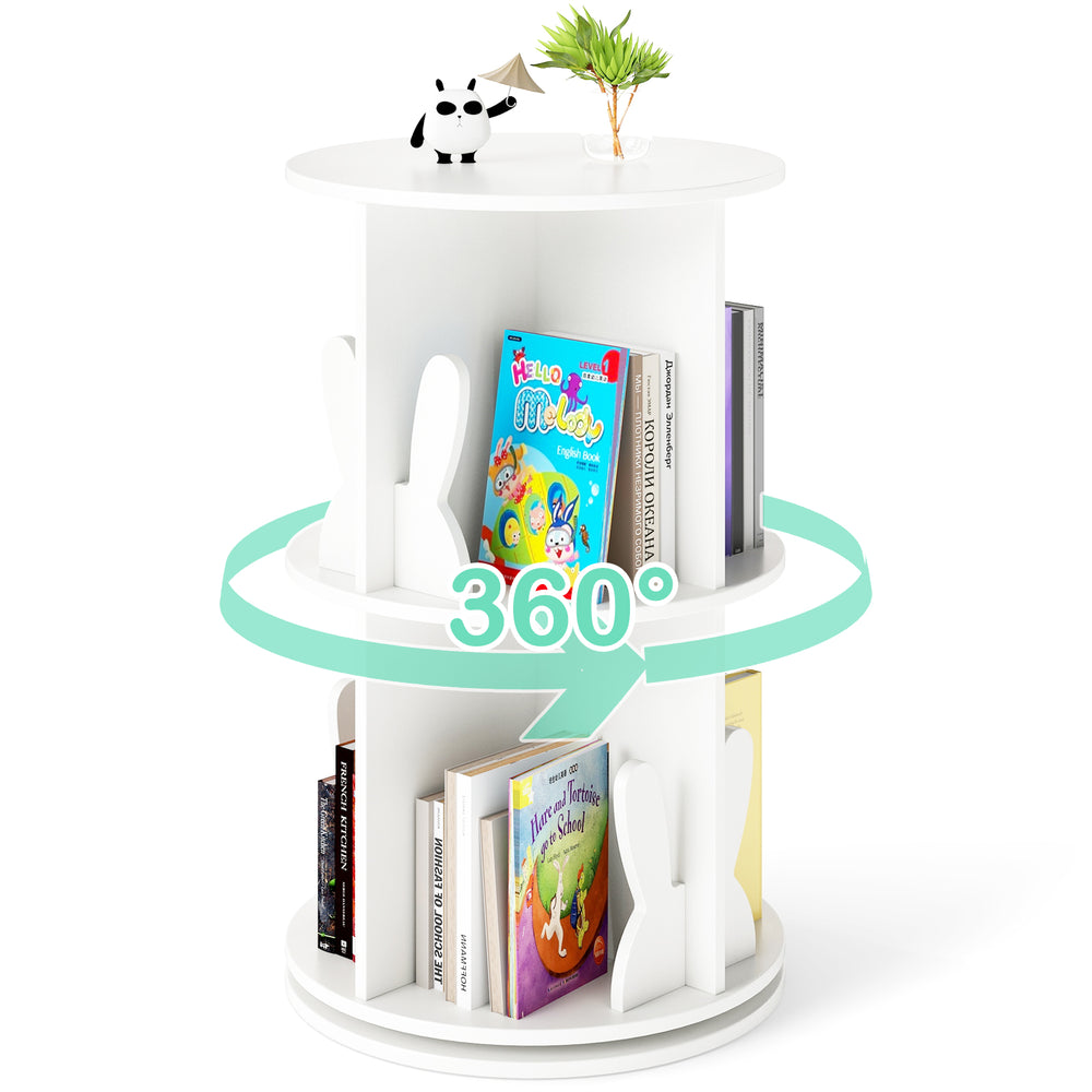 Freestanding 2 tier rotating bookshelf in white with bunny baffles, ideal for kids' playroom or bedroom storage.