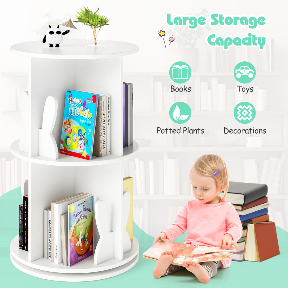 2 Tier freestanding kids rotating bookshelf in white with bunny baffles, ideal for storing books and toys in playrooms.