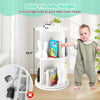 Child-friendly 2 tier rotating bookshelf in white with bunny baffles, perfect for kids' playroom or bedroom storage.