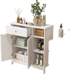 White bathroom cabinet with open compartments and a drawer, showcasing a stylish design suitable for various decor.