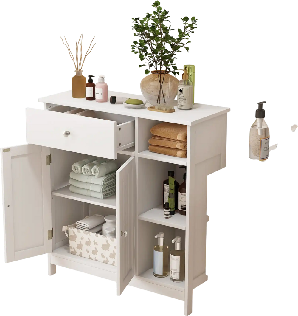 White bathroom cabinet with open compartments and a drawer, showcasing a stylish design suitable for various decor.