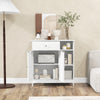 White bathroom cabinet featuring a drawer, open compartments, and adjustable shelves for versatile storage solutions.