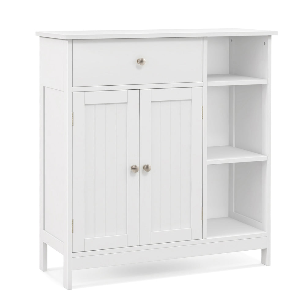 White bathroom cabinet featuring a drawer, two doors, and three open compartments for versatile storage solutions.