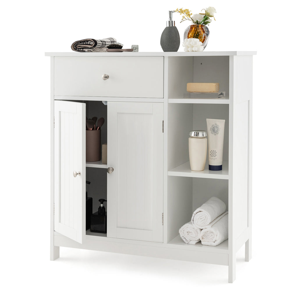 White bathroom cabinet featuring a drawer, cabinet, and three open compartments for versatile storage solutions.