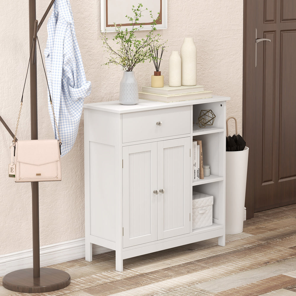 White bathroom cabinet with a single drawer and an open compartment, perfect for stylish organization in any space.