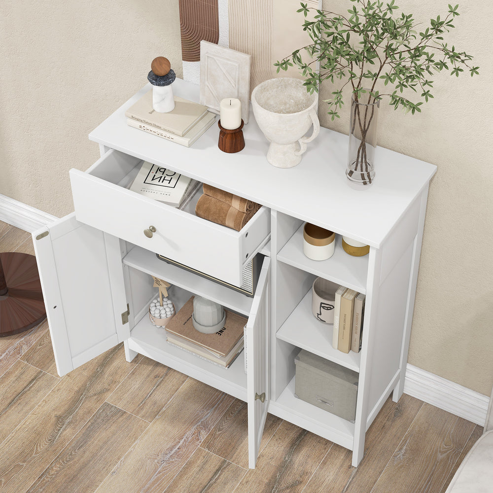 Top view of a white bathroom cabinet with a drawer and three open compartments, perfect for stylish storage solutions.