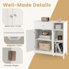 Bathroom cabinet with drawer and open compartments, featuring metal door knobs and smooth hinges for versatile storage.