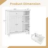 Bathroom cabinet dimensions showing a white floor cabinet with drawer and open compartments for versatile storage.