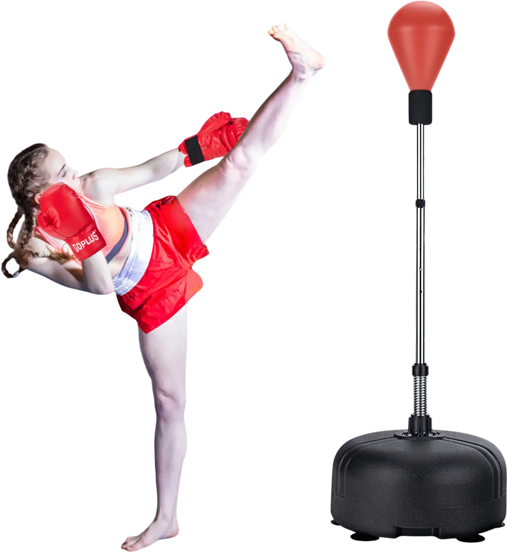 Freestanding adjustable punching bag with red boxing gloves, ideal for fitness and training, featuring a stable base.