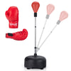 Adjustable freestanding punching bag in red with boxing gloves, featuring height adjustment and durable PU ball for.