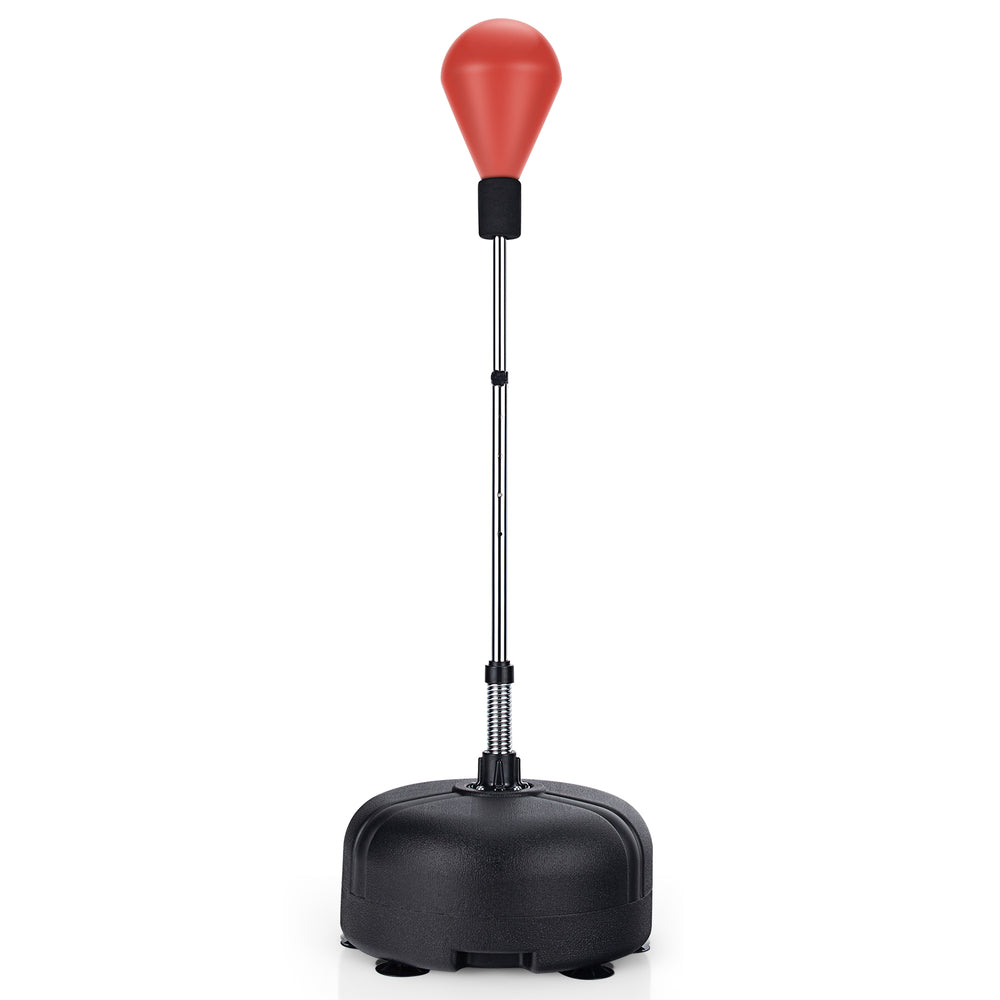 Freestanding adjustable punching bag in red with a durable PU ball, stable base, and included breathable boxing gloves.