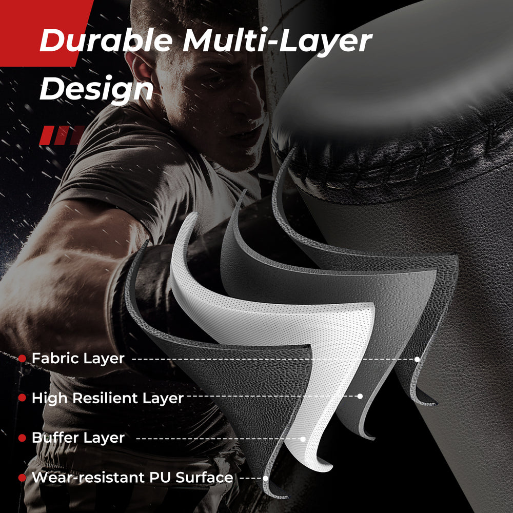 Freestanding 71-inch punching bag with multi-layer design, PVC shock absorber, and 25 suction cups for stability.