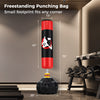 Freestanding punching bag with a 70-inch height, filled base, and 12 suction cups for stable, quiet training.