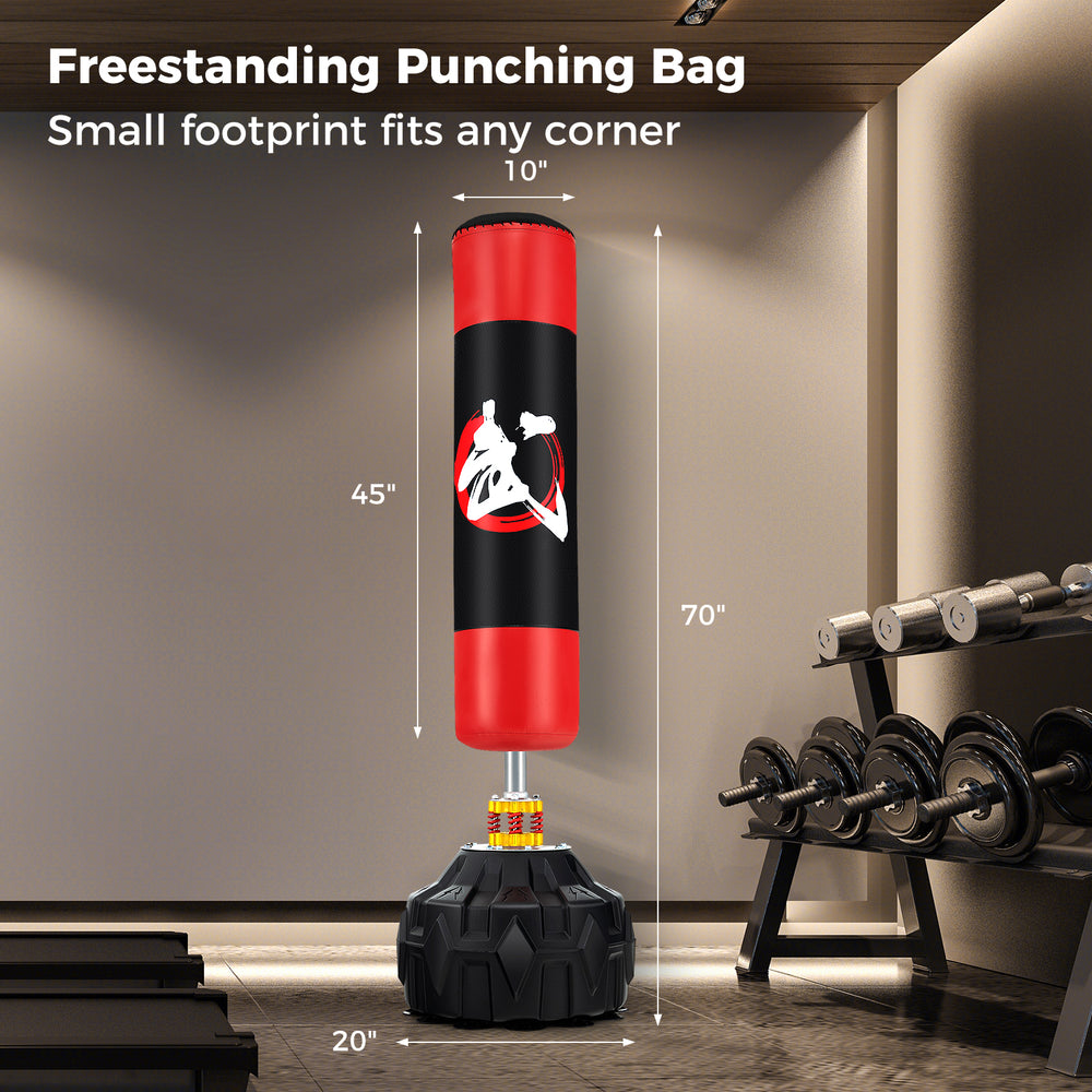 Freestanding punching bag with a 70-inch height, filled base, and 12 suction cups for stable, quiet training.
